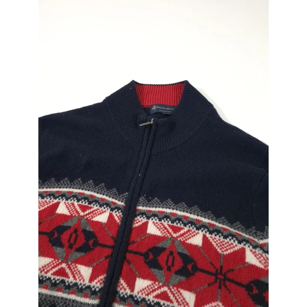 Brooks Brothers Sweater Mens M Blue Wool Full Zip Fair Isle Mock Neck Knit
